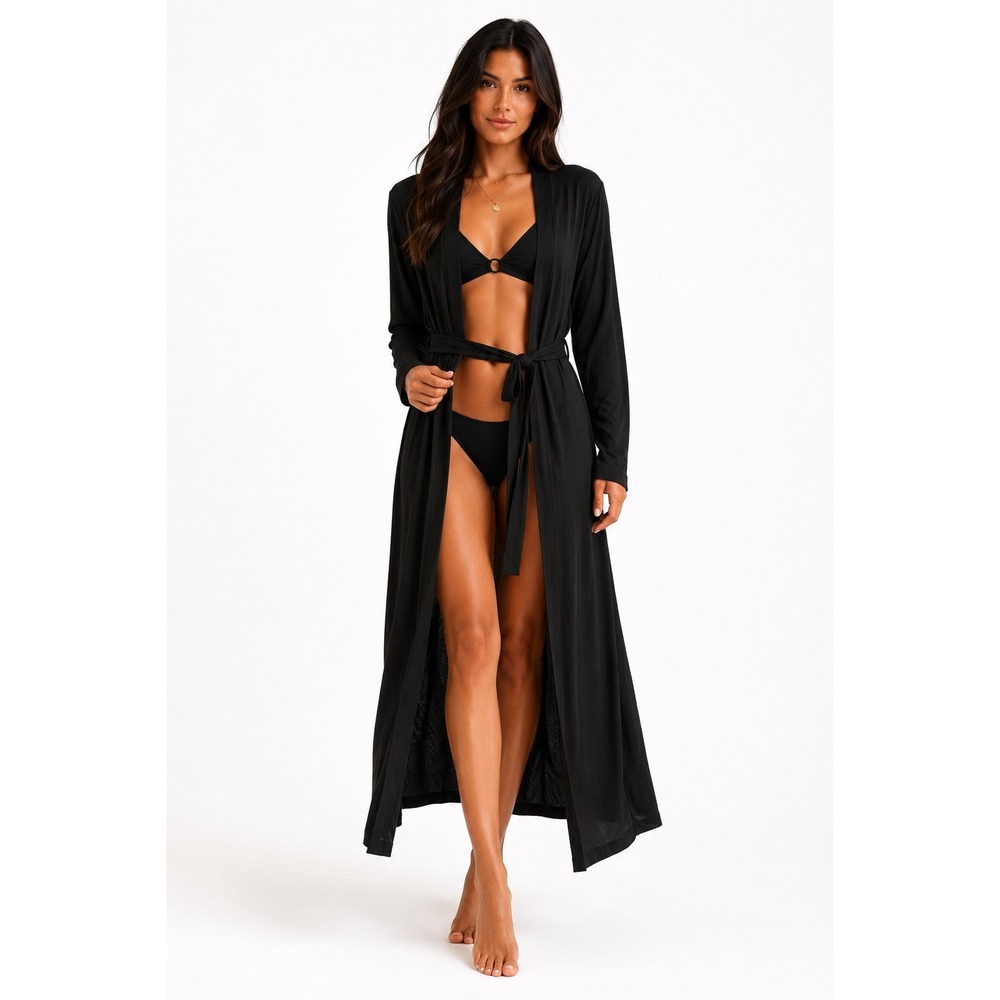 Lilian Black Ribbed Maxi Duster Cardigan Long Sleeve Tie Waist LIJ5083 L